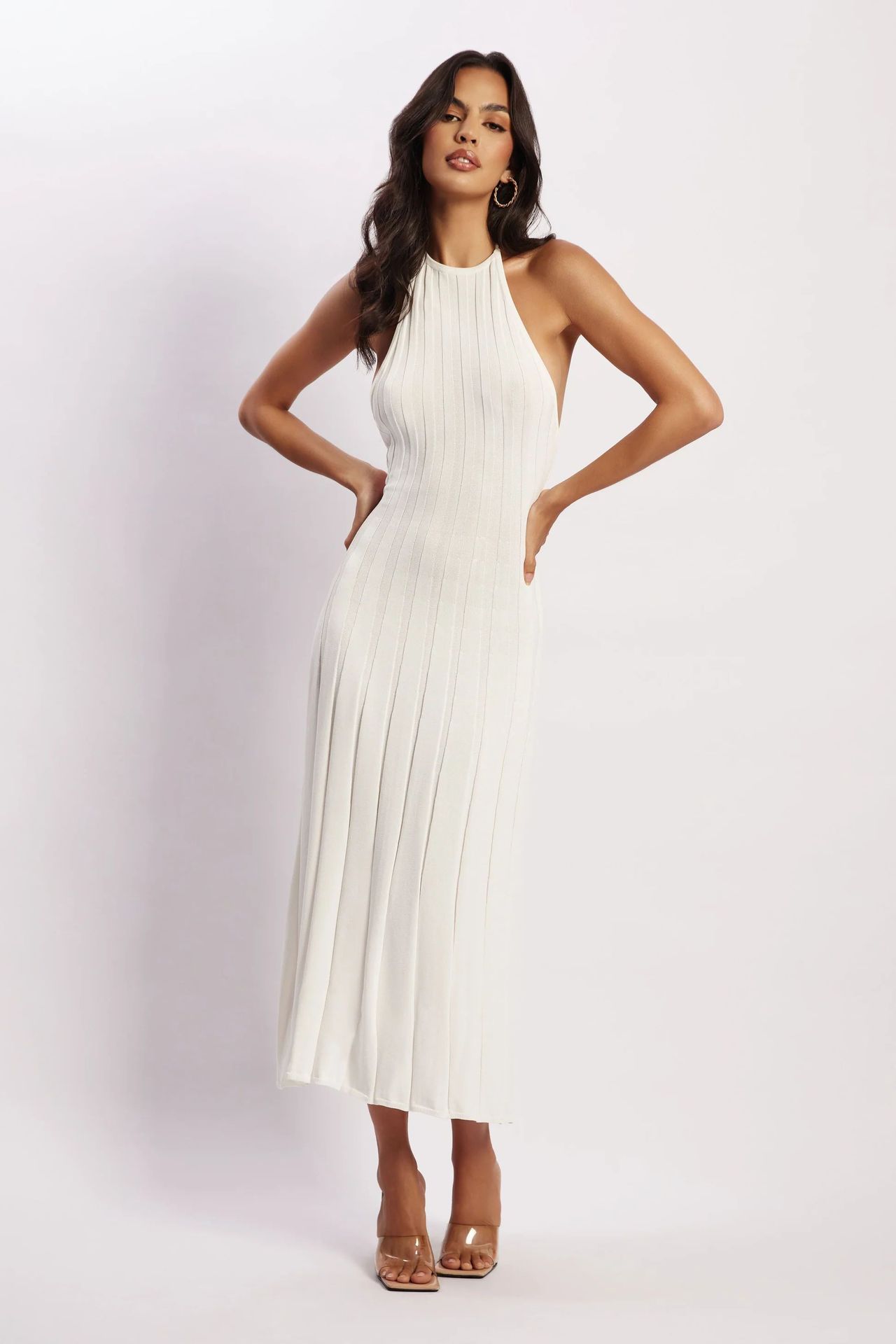 Vestido midi tejido plisado con cuello halter para mujer - Dalila