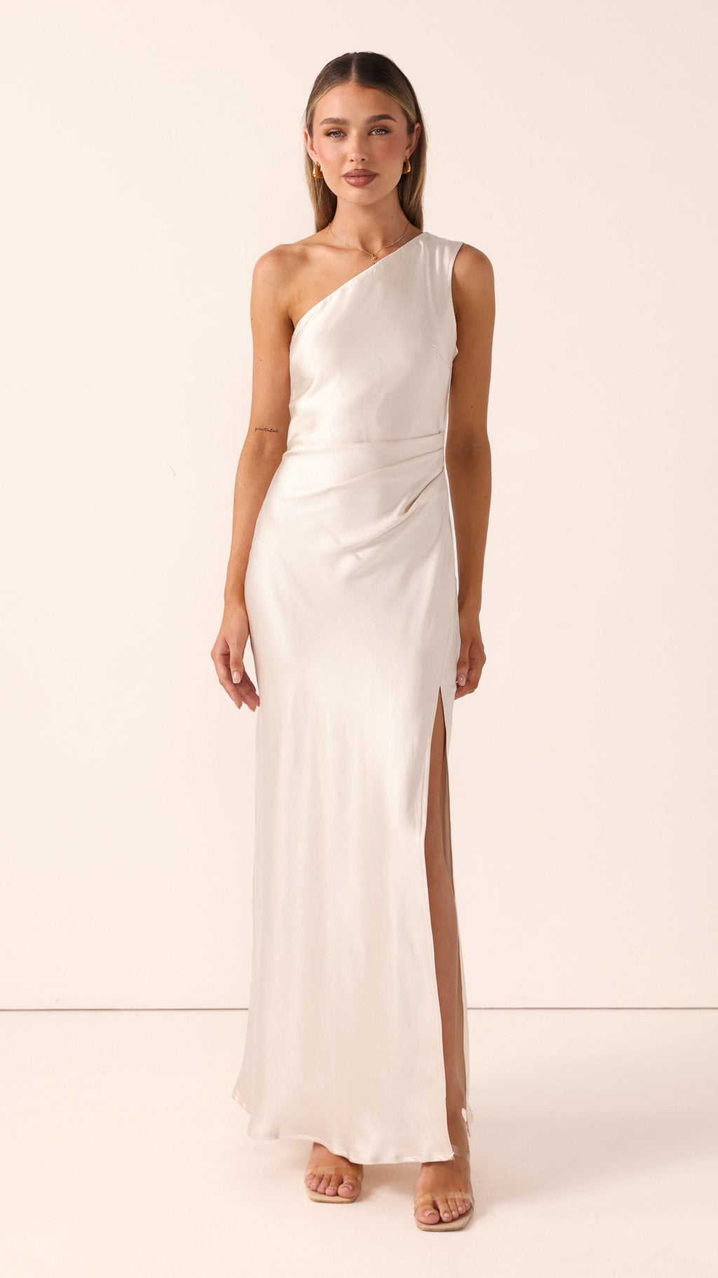 Vestido largo mujer un solo hombro fruncido cintura abertura frontal elegante - Marim