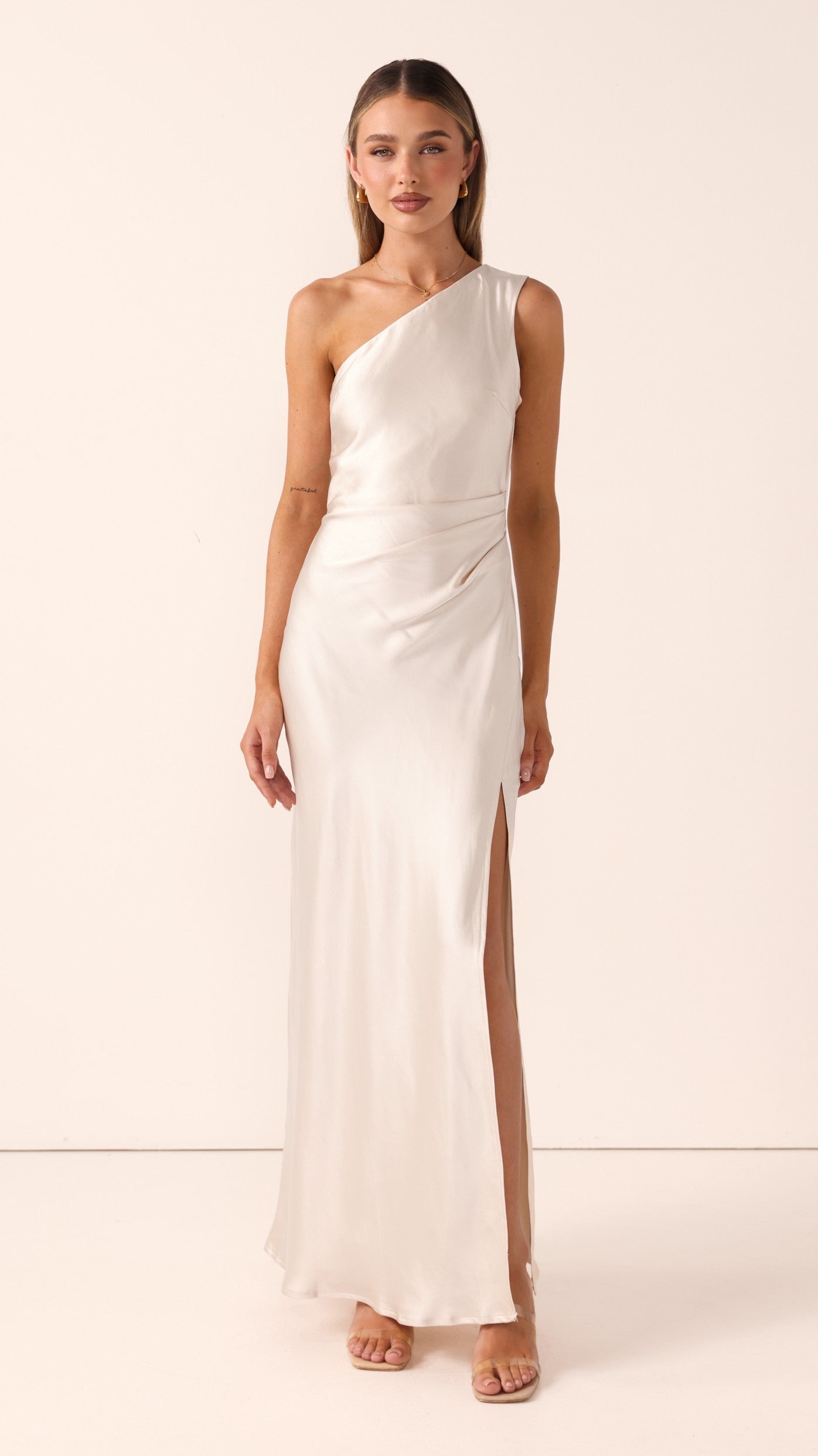 Vestido largo mujer un solo hombro fruncido cintura abertura frontal elegante - Marim