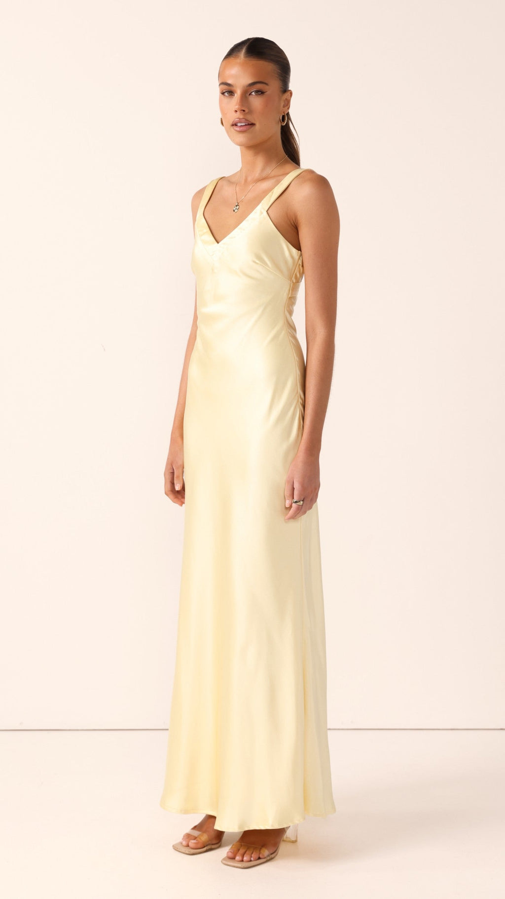 Vestido largo satinado mujer escote V busto triangular tirantes anchos espalda cruzada - Alondra