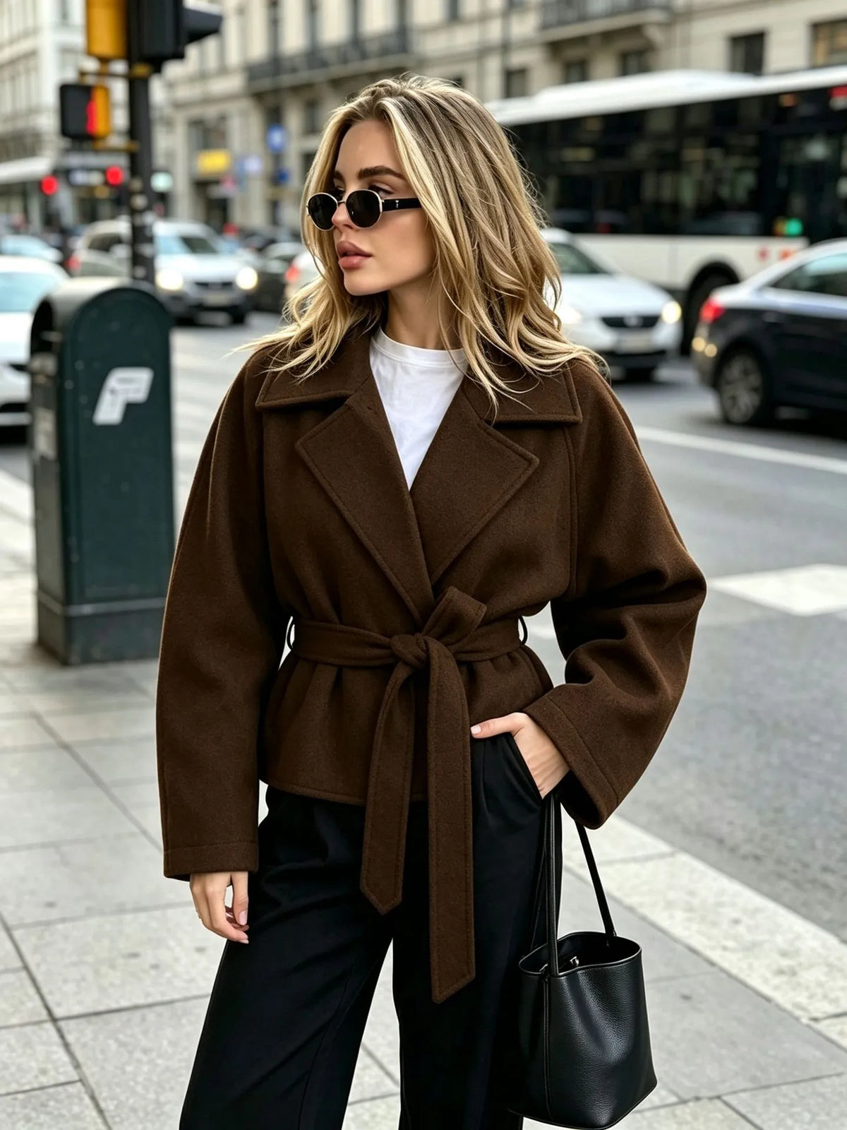 Chaqueta corta mujer paño cinturón solapas anchas elegante atemporal invierno - Calina