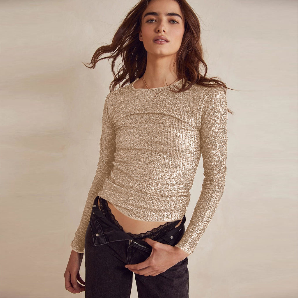 Top de lentejuelas para mujer con manga larga brillo sutil y silueta definida nocturna elegante