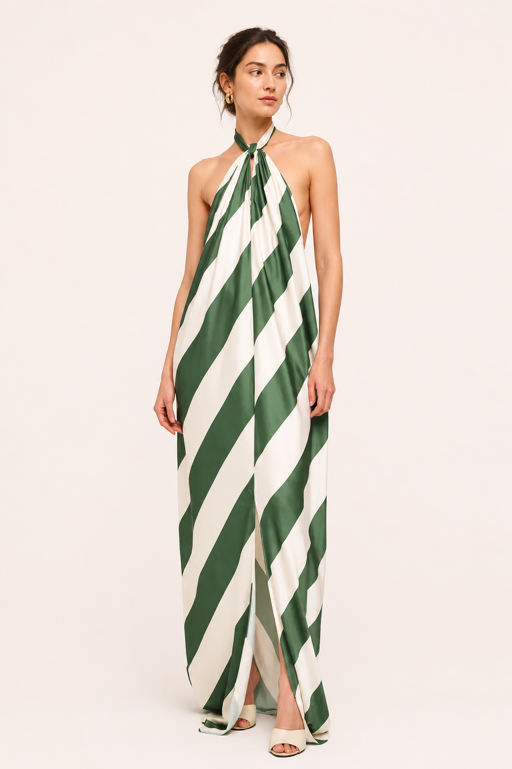 Vestido largo mujer cuello halter anudado rayas estampado - Luciana