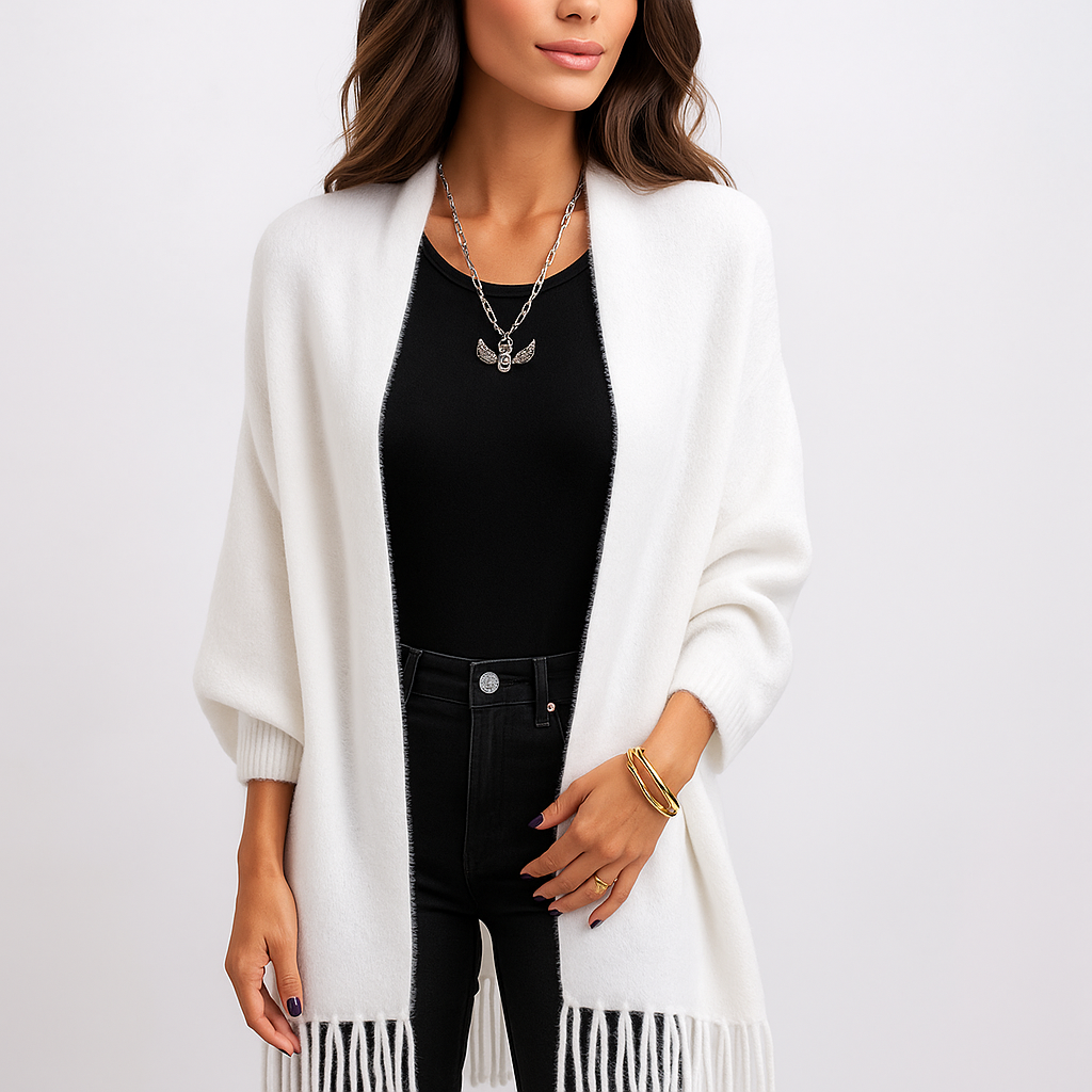 Cardigan de mujer largo contemporáneo con flecos decorativos - Malkova