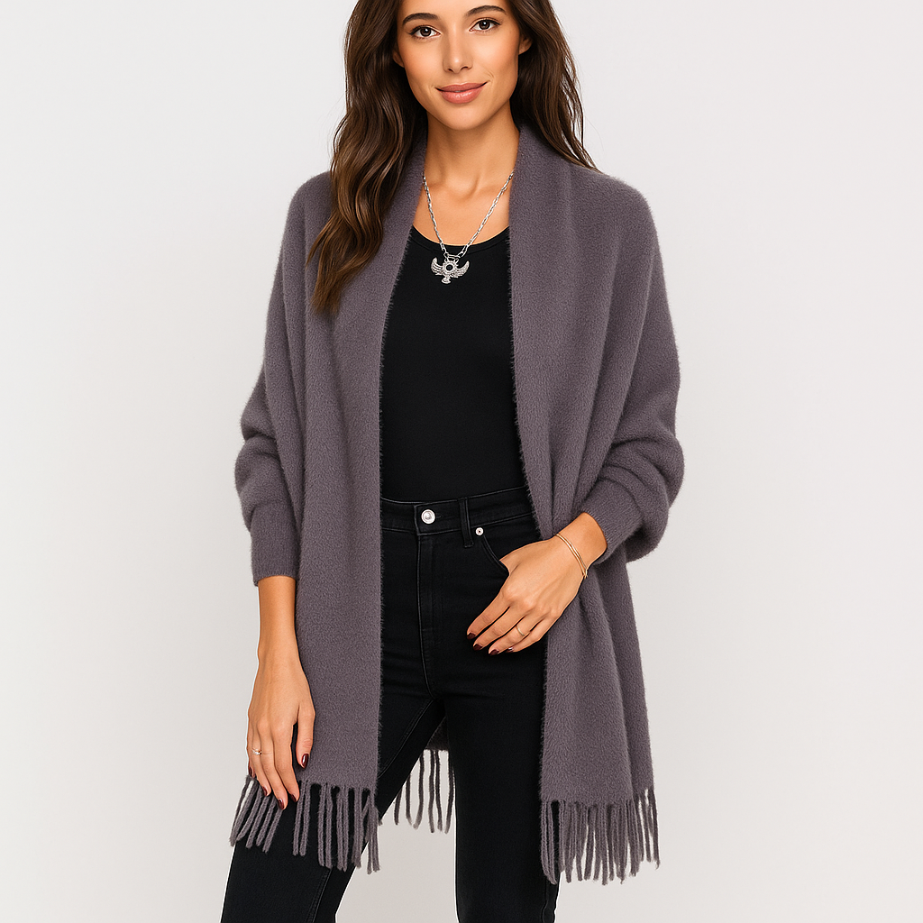 Cardigan de mujer largo contemporáneo con flecos decorativos - Malkova