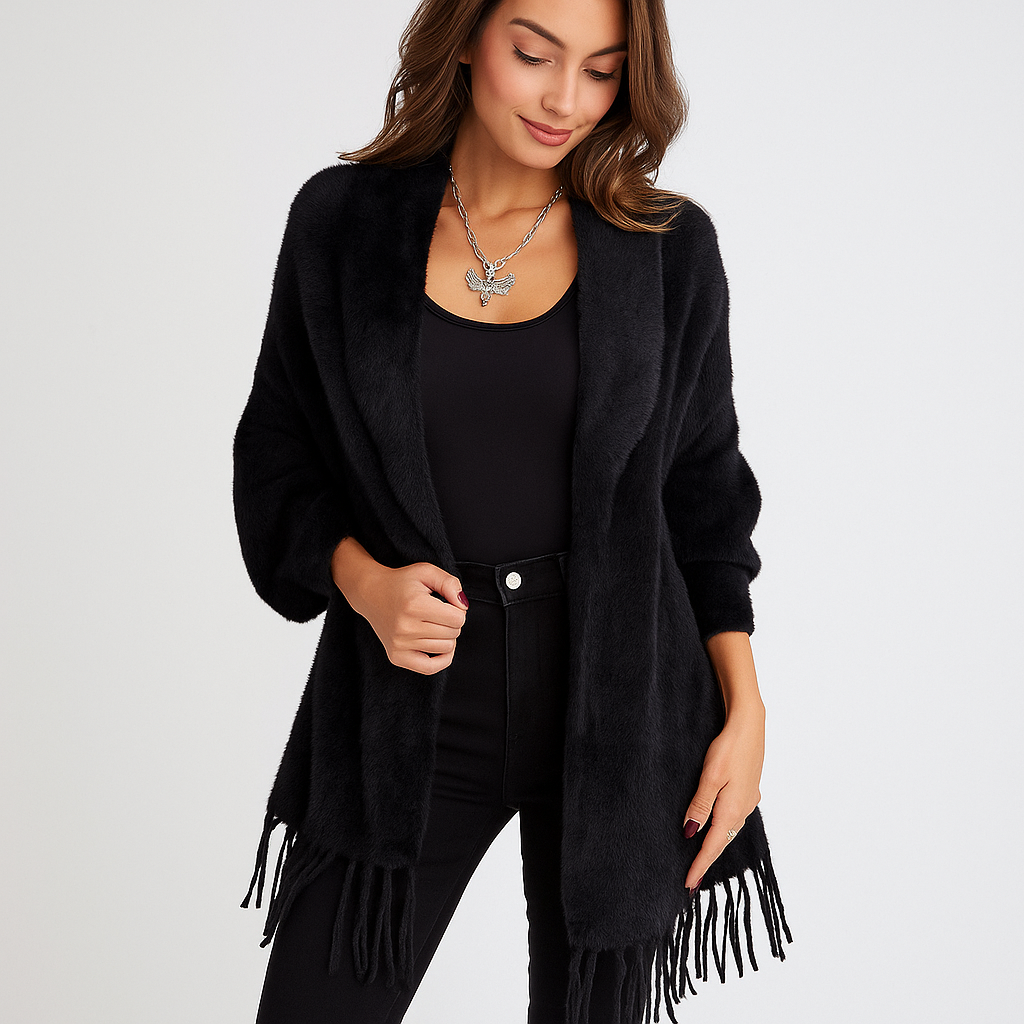 Cardigan de mujer largo contemporáneo con flecos decorativos - Malkova