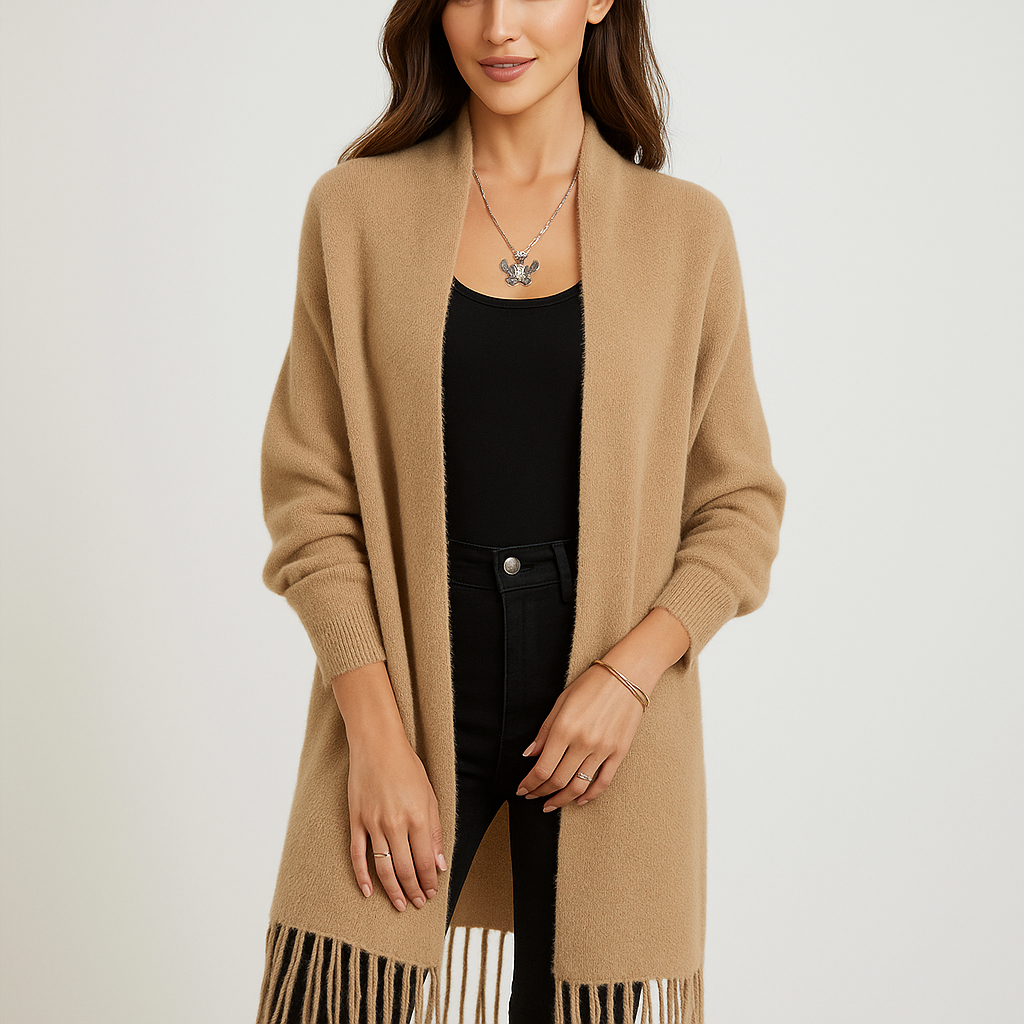 Cardigan de mujer largo contemporáneo con flecos decorativos - Malkova