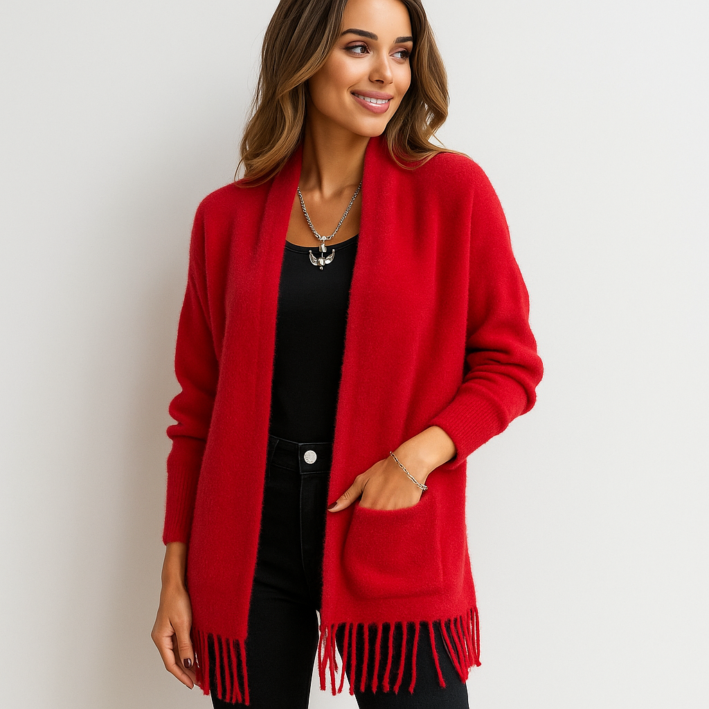 Cardigan de mujer largo contemporáneo con flecos decorativos - Malkova