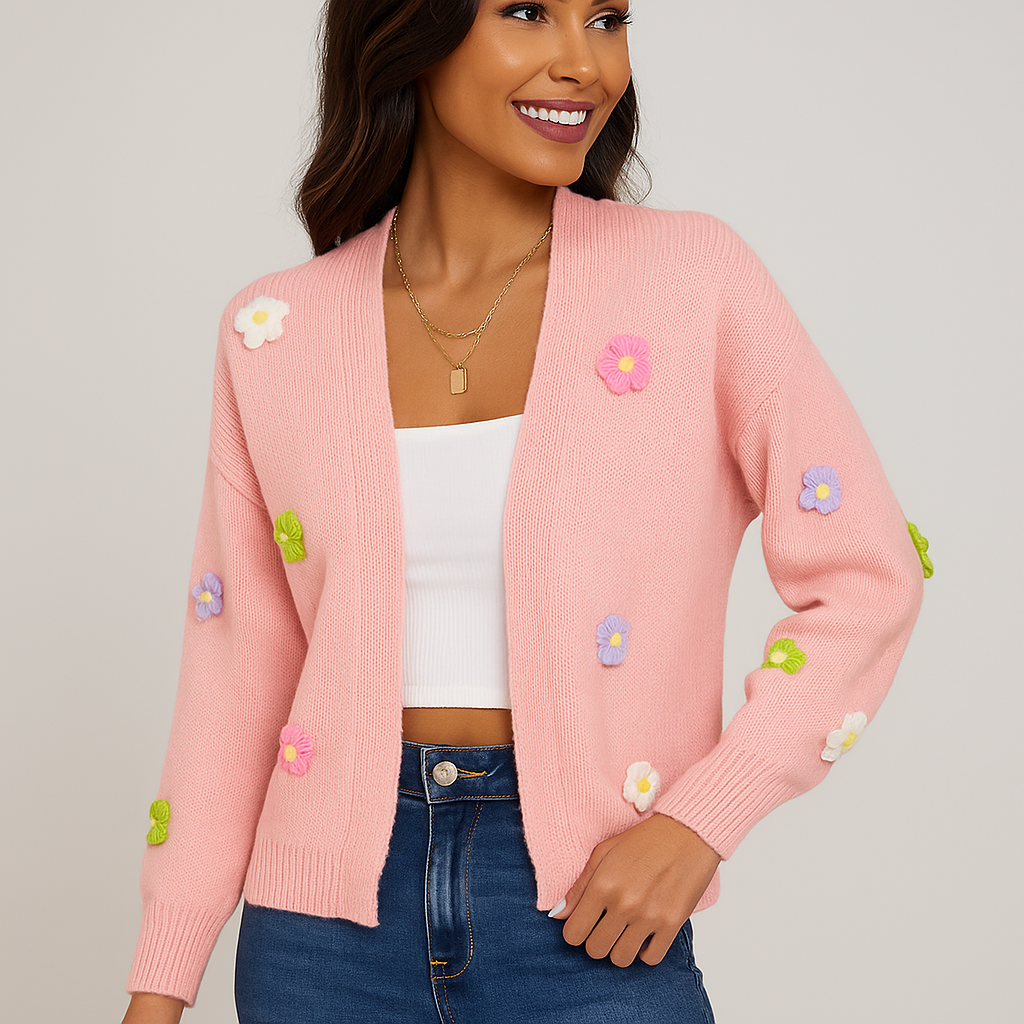Cardigan en punto con apliques florales decorativos para mujer - Lily