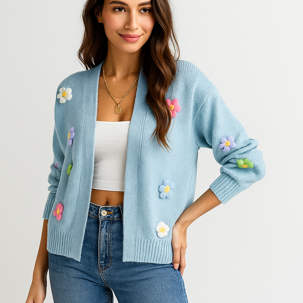 Cardigan en punto con apliques florales decorativos para mujer - Lily