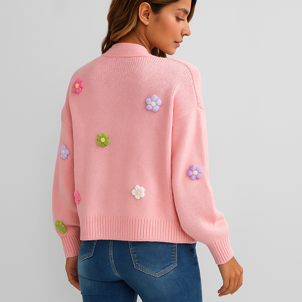 Cardigan en punto con apliques florales decorativos para mujer - Lily