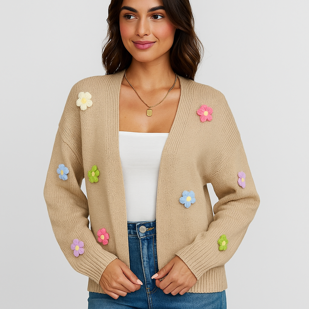 Cardigan en punto con apliques florales decorativos para mujer - Lily