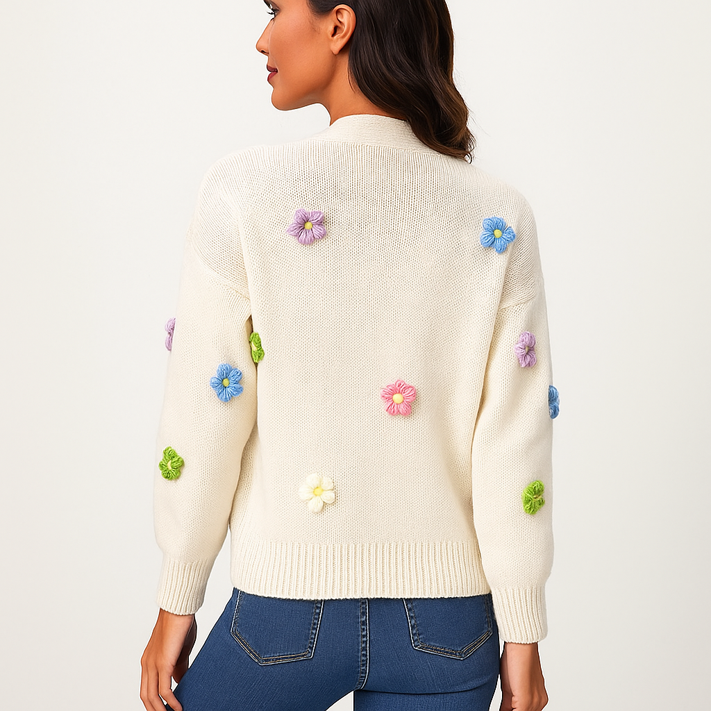 Cardigan en punto con apliques florales decorativos para mujer - Lily