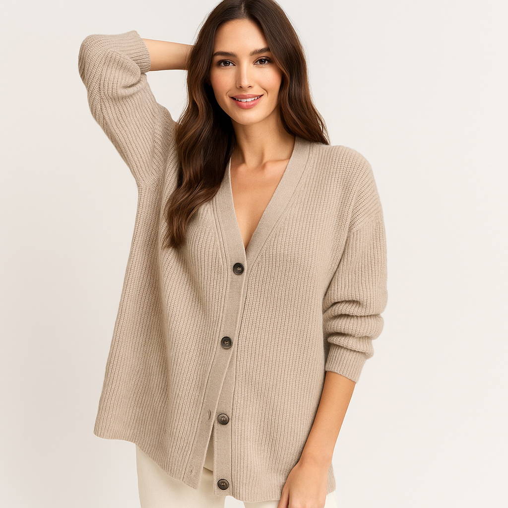 Cardigan en punto beige con botones para mujer - Elira