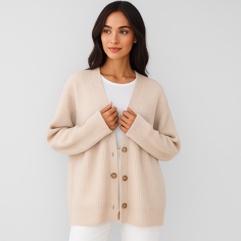 Cardigan en punto beige con botones para mujer - Elira