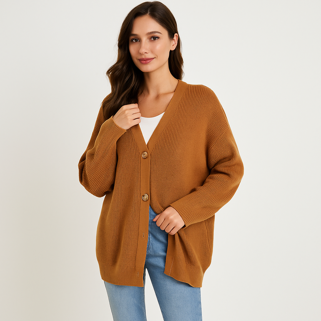 Cardigan en punto beige con botones para mujer - Elira