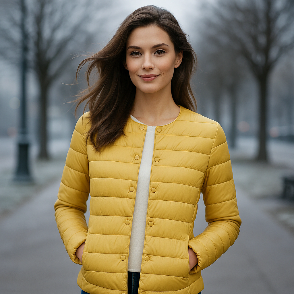 Chaqueta acolchada ligera para mujer con cuello redondo y cierre de botones ideal para uso diario en clima templado