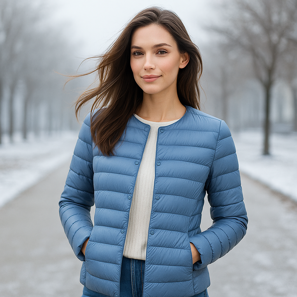 Chaqueta acolchada ligera para mujer con cuello redondo y cierre de botones ideal para uso diario en clima templado