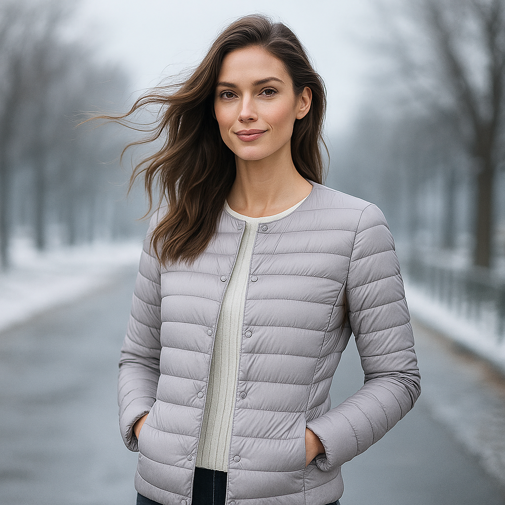 Chaqueta acolchada ligera para mujer con cuello redondo y cierre de botones ideal para uso diario en clima templado