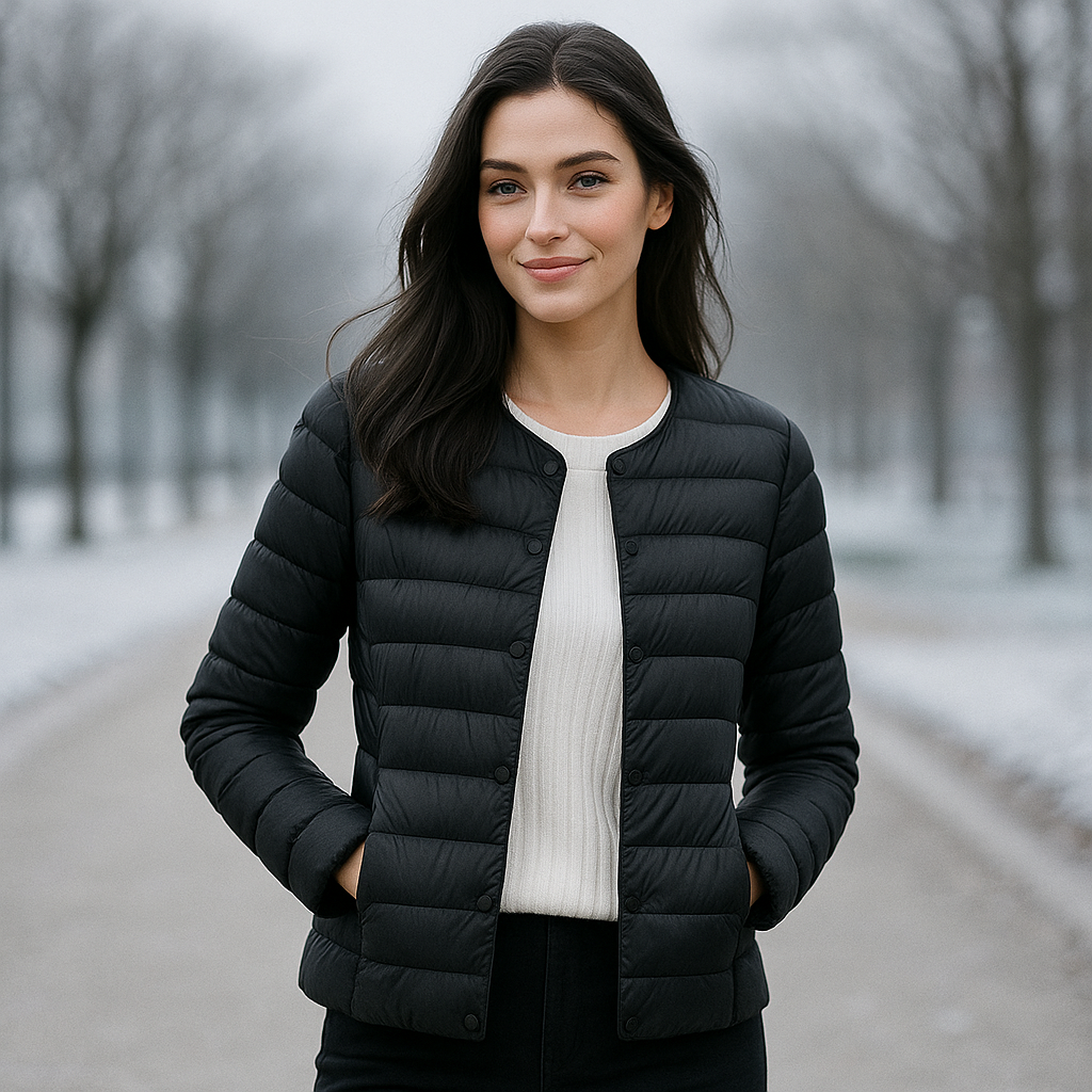Chaqueta acolchada ligera para mujer con cuello redondo y cierre de botones ideal para uso diario en clima templado