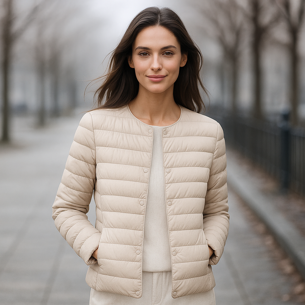 Chaqueta acolchada ligera para mujer con cuello redondo y cierre de botones ideal para uso diario en clima templado