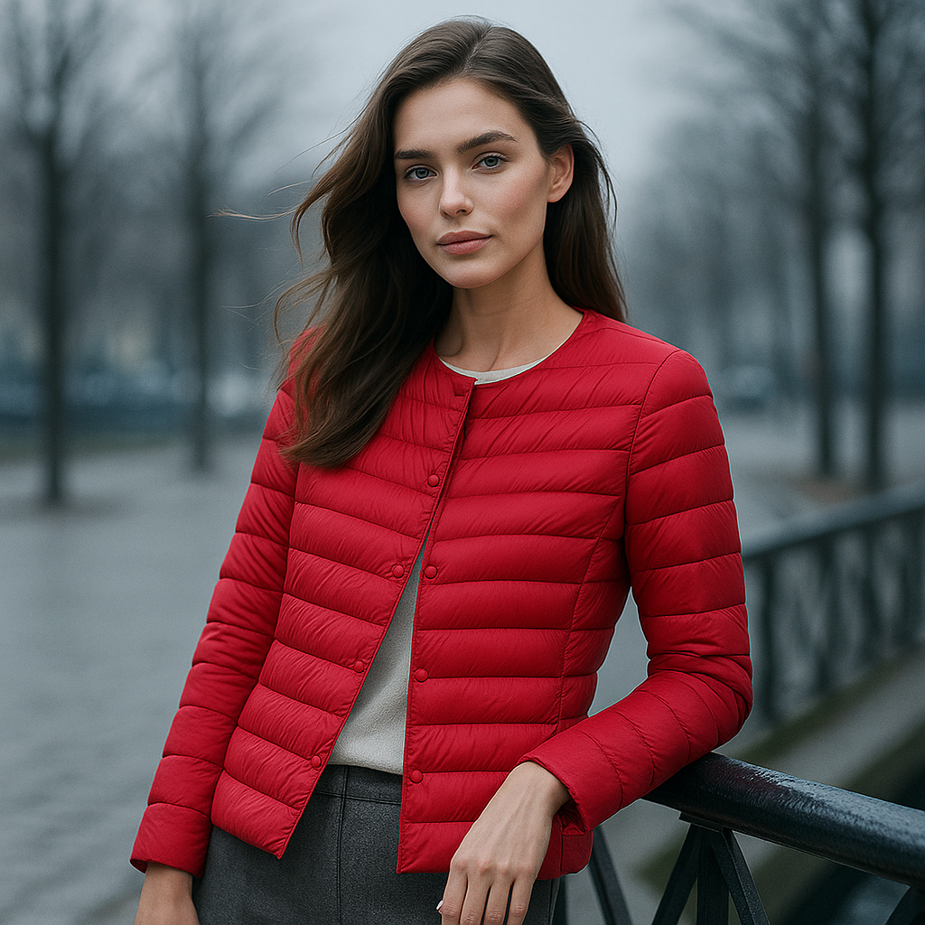 Chaqueta acolchada ligera para mujer con cuello redondo y cierre de botones ideal para uso diario en clima templado