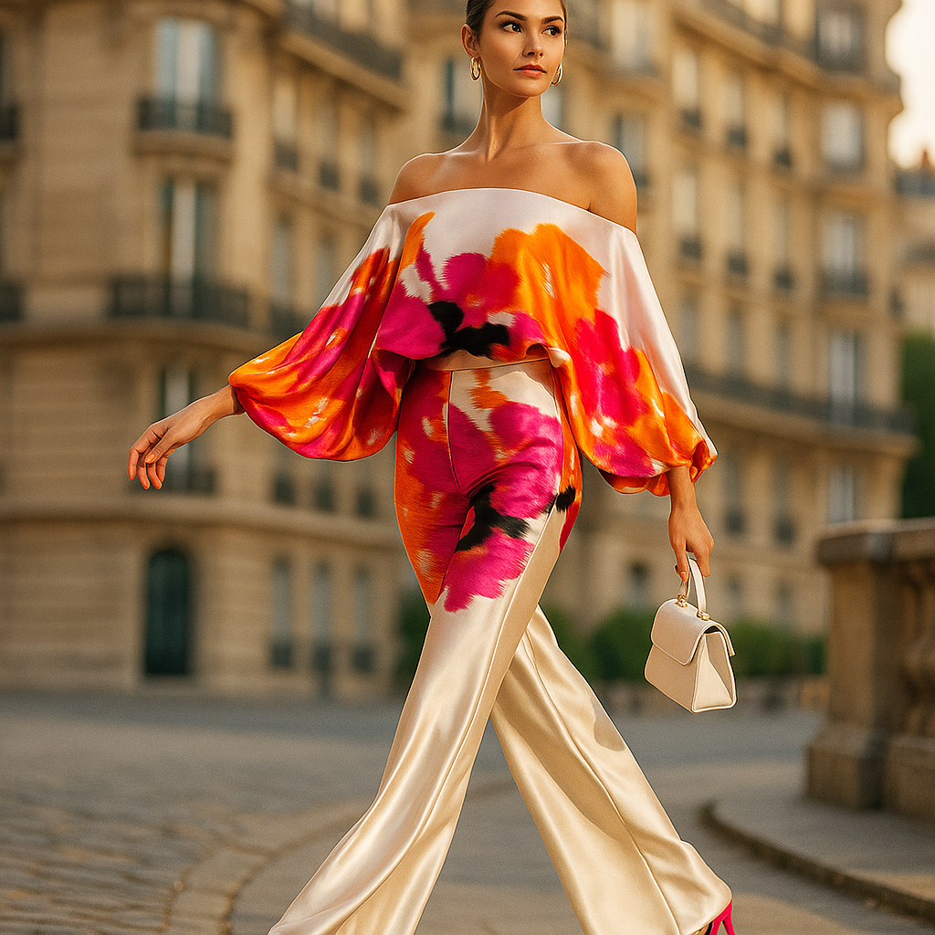 Conjunto mujer estilo asimétrico con top hombro descubierto ligero y elegante para looks modernos y versátiles