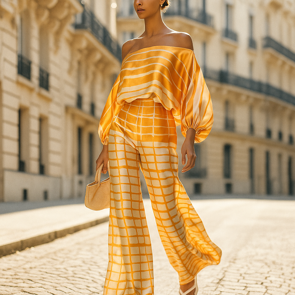 Conjunto mujer estilo asimétrico con top hombro descubierto ligero y elegante para looks modernos y versátiles