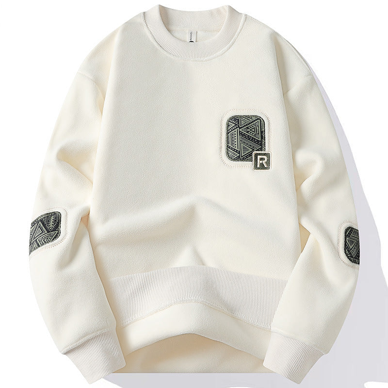 Pullover para hombre con cuello redondo y parches decorativos cosidos en pecho y mangas estilo casual