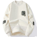 Pullover para hombre con cuello redondo y parches decorativos cosidos en pecho y mangas estilo casual