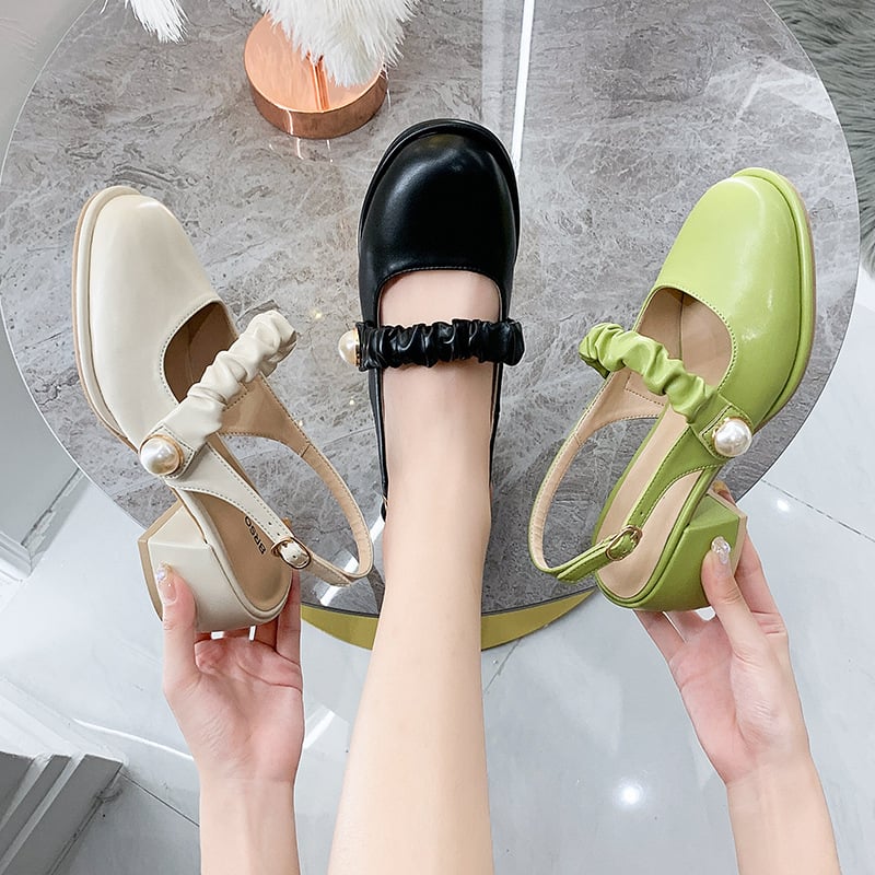 Sandalias de tacón ancho con detalle de perla para mujer - Perla