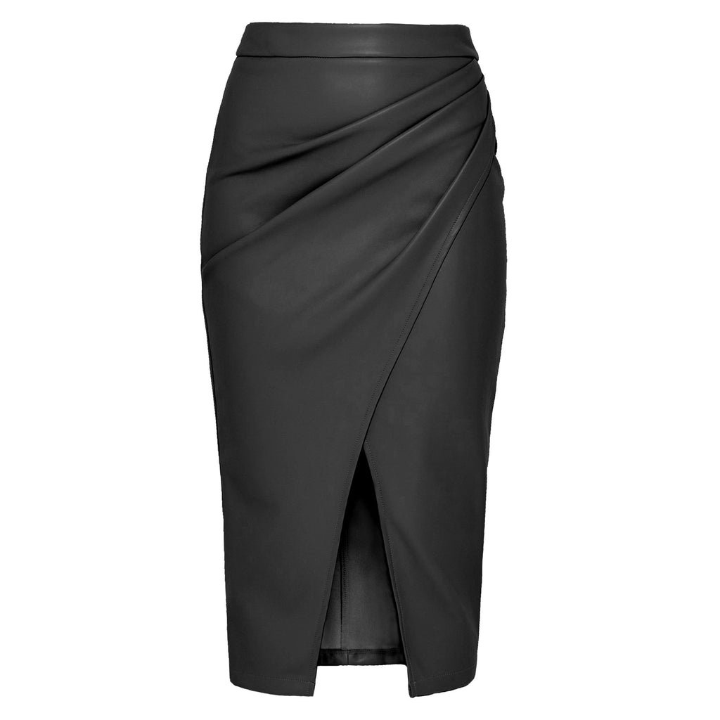 Falda midi en efecto piel con drapeado lateral para mujer - Reese
