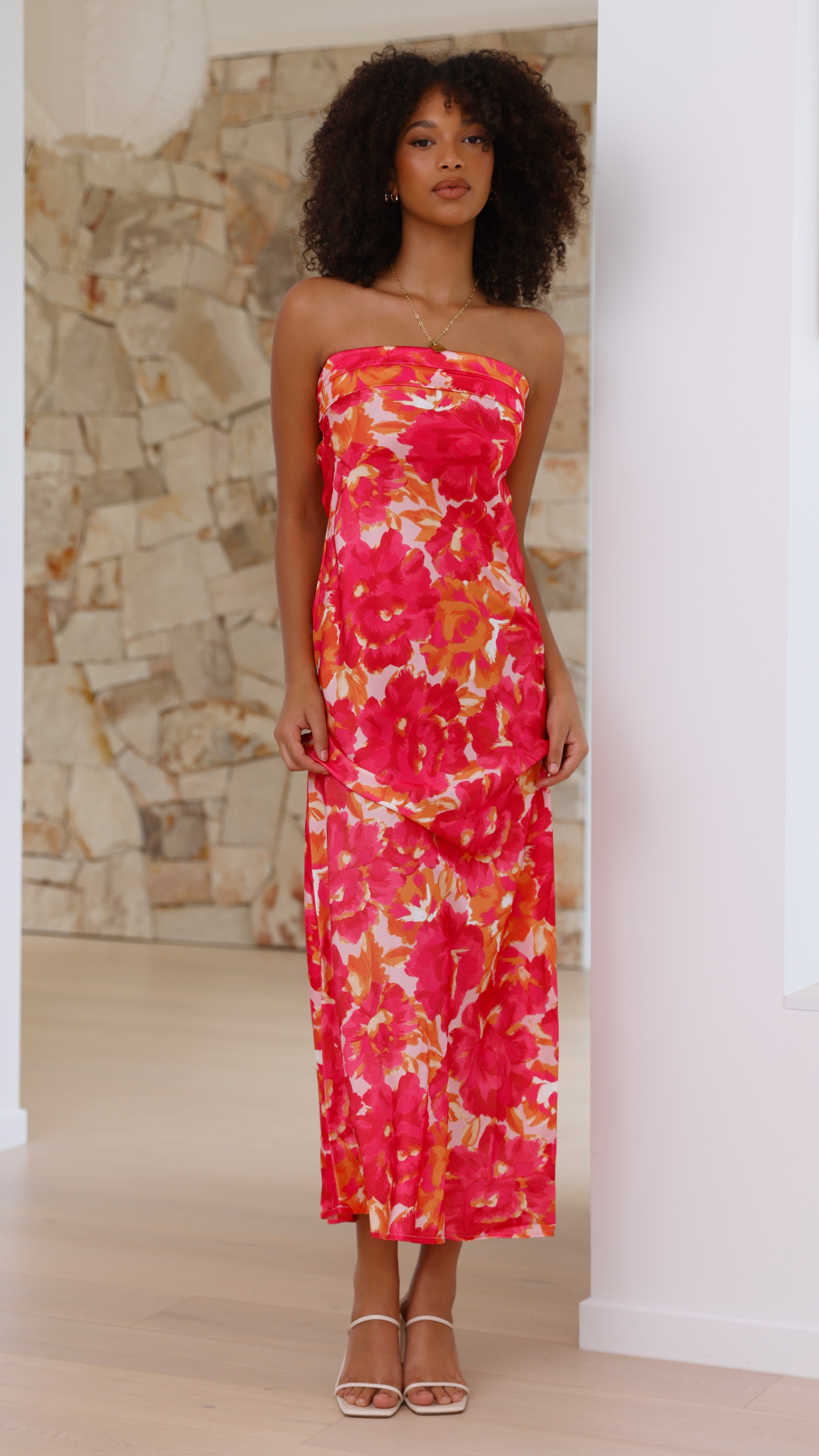 Vestido largo floral mujer sin tirantes espalda abierta elástica detalle caída - Kaia