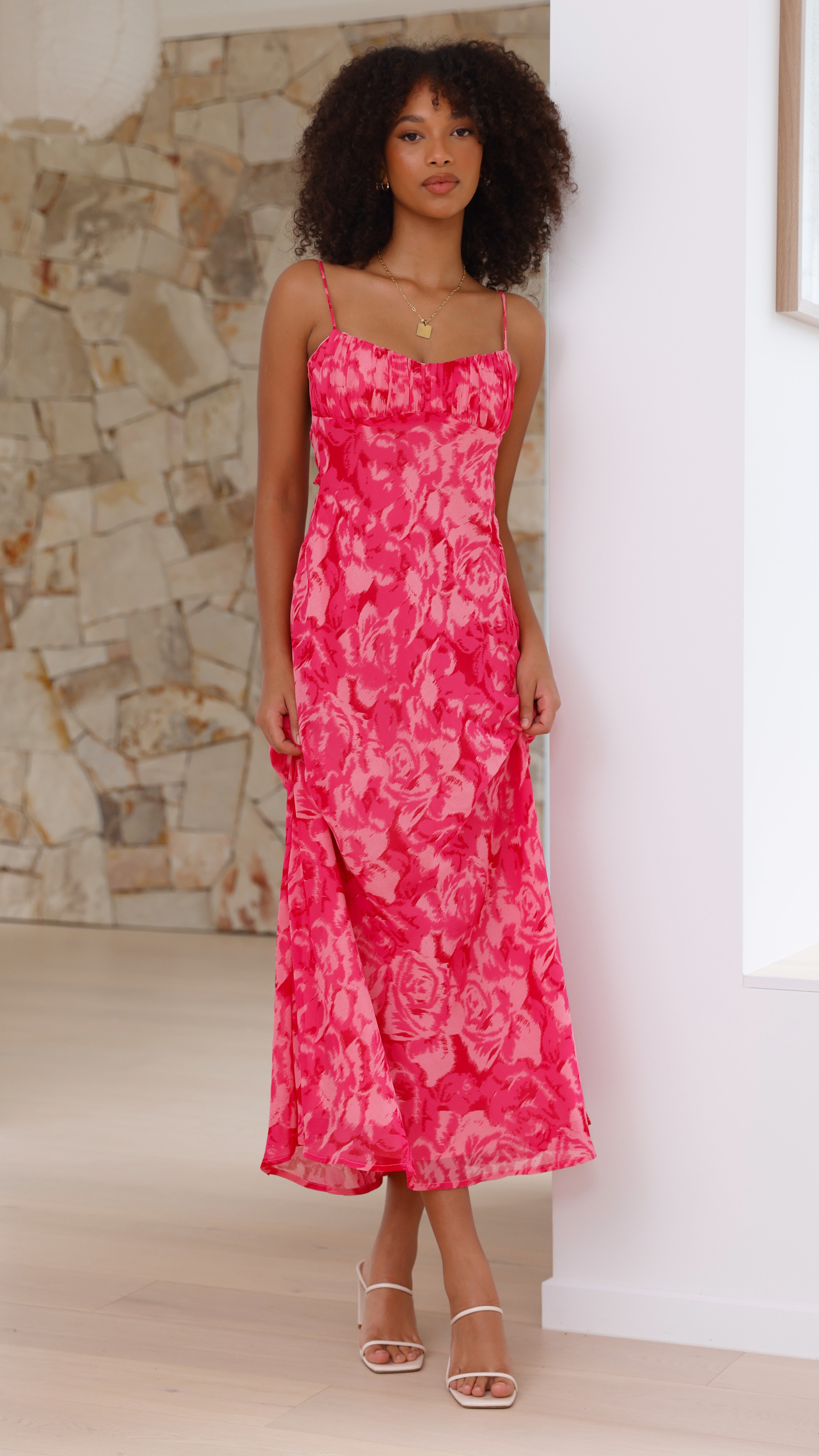 Vestido midi floral mujer tirantes regulables copas suaves fruncido espalda tirante retorcido - Kenny