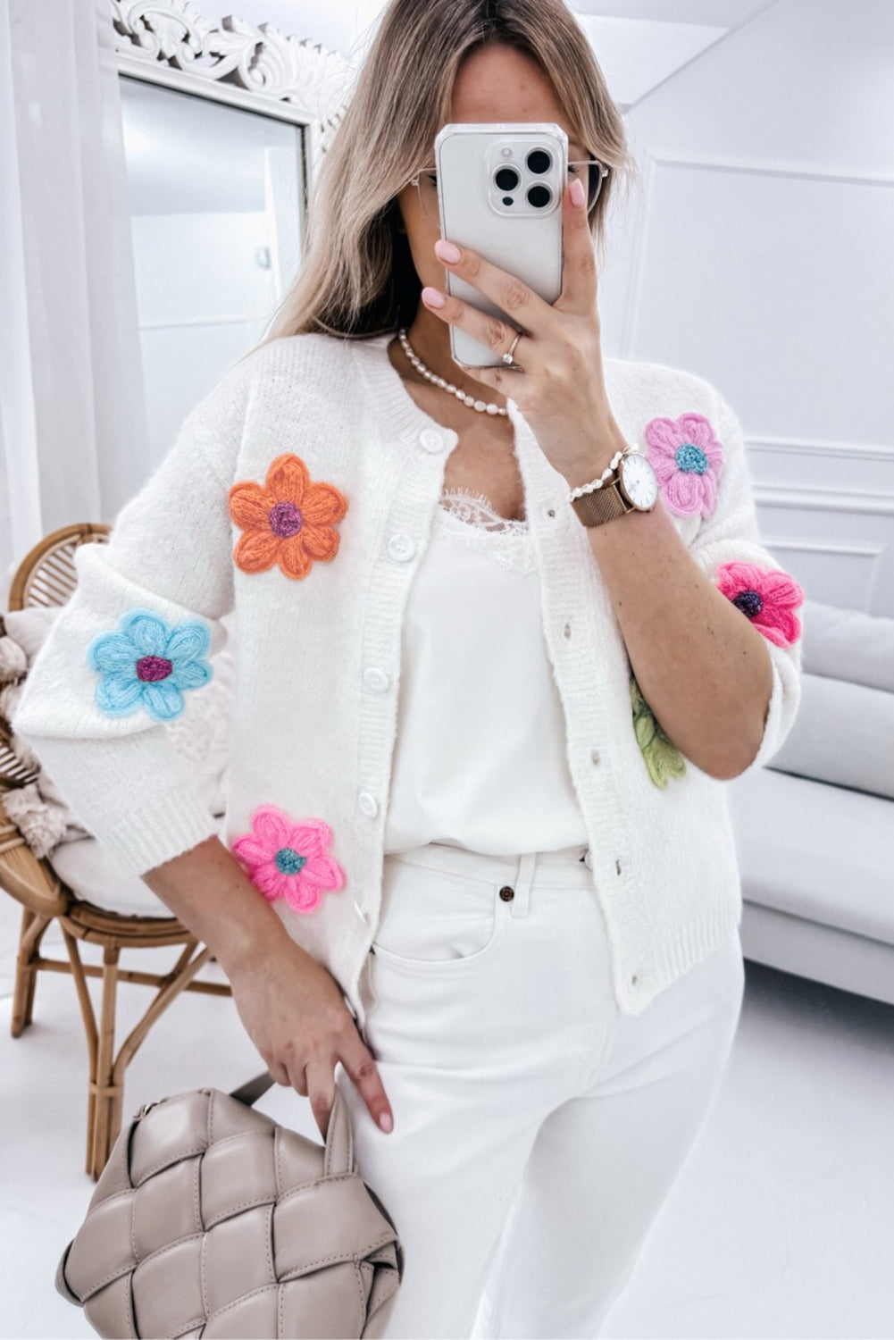 Arielle - Precioso cárdigan tricotado floral con botonadura