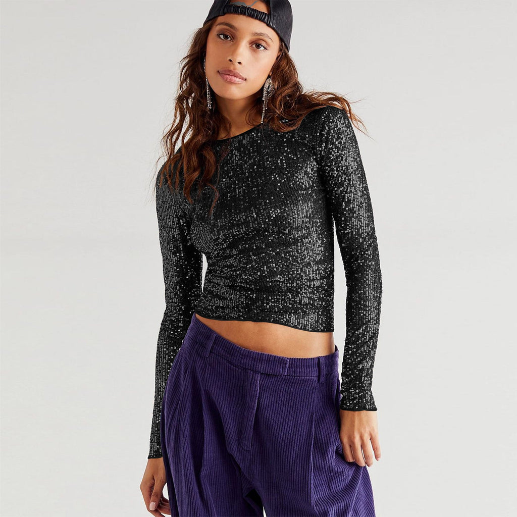 Top de lentejuelas para mujer con manga larga brillo sutil y silueta definida nocturna elegante