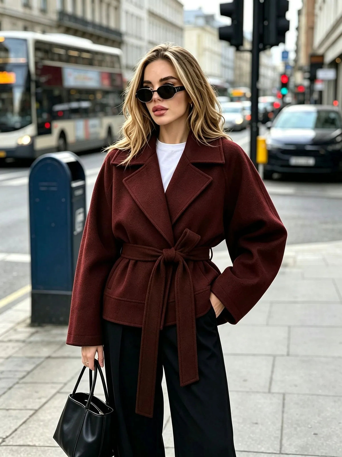 Chaqueta corta mujer paño cinturón solapas anchas elegante atemporal invierno - Calina