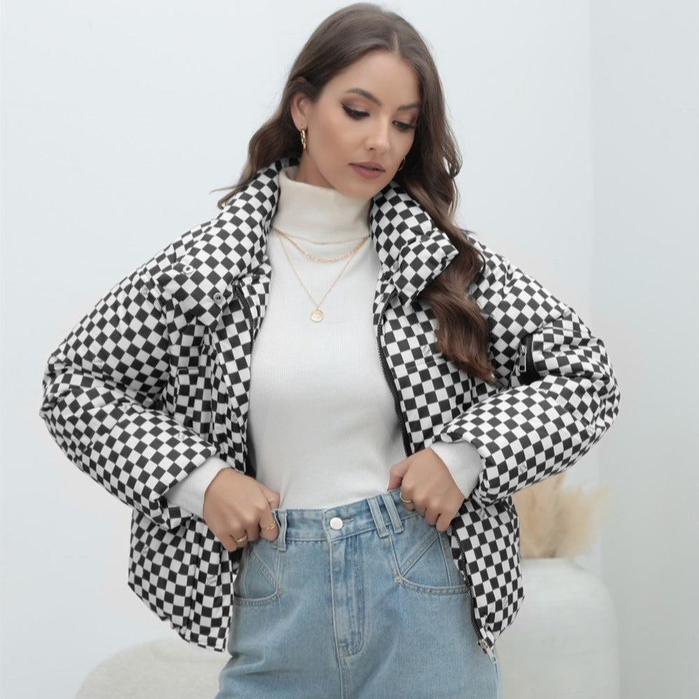 Chaqueta acolchada de algodón para mujer con patrón geométrico y cuello alto para un estilo moderno y uso diario