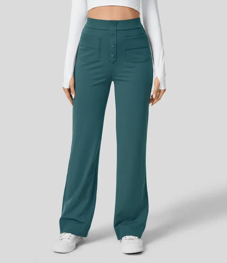 Pantalón para mujer recto tiro alto con cierre frontal de botones y línea larga ideal para estilos modernos y elegantes