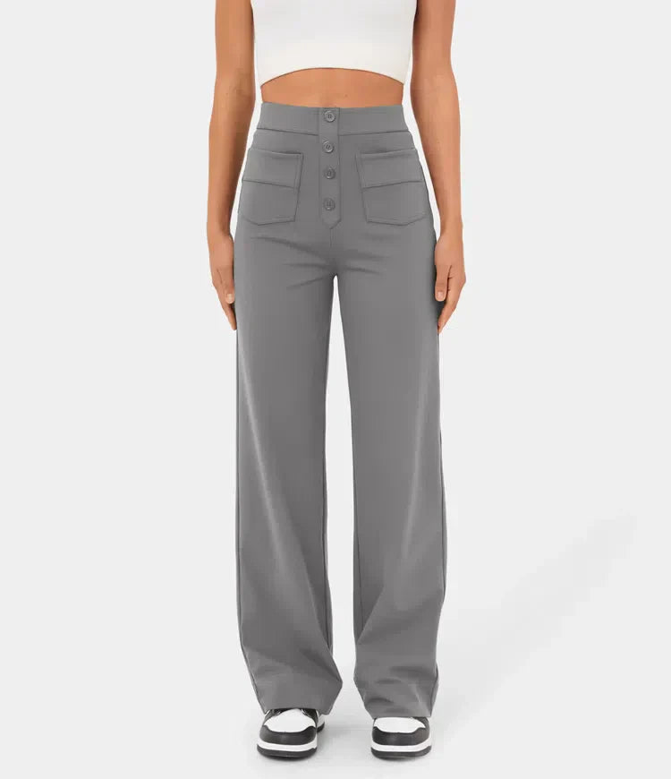 Pantalón para mujer recto tiro alto con cierre frontal de botones y línea larga ideal para estilos modernos y elegantes