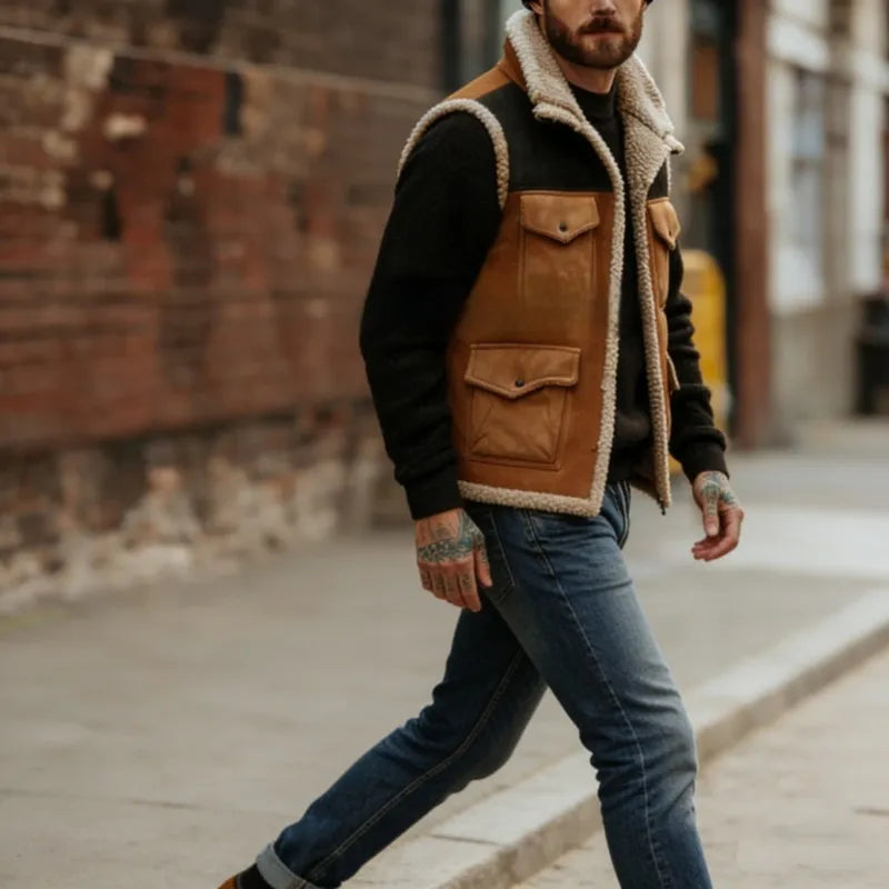 Chaleco hombre vintage color block forro borreguito urbano cálido retro - Émeric