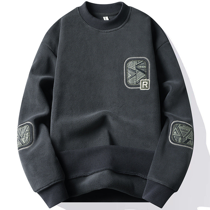 Pullover para hombre con cuello redondo y parches decorativos cosidos en pecho y mangas estilo casual