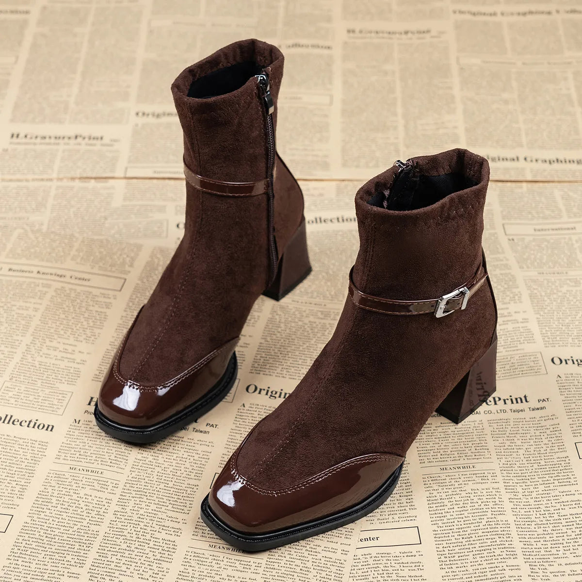 Botines mujer ante hebilla tacón ancho puntera charol contraste elegante - Marlen