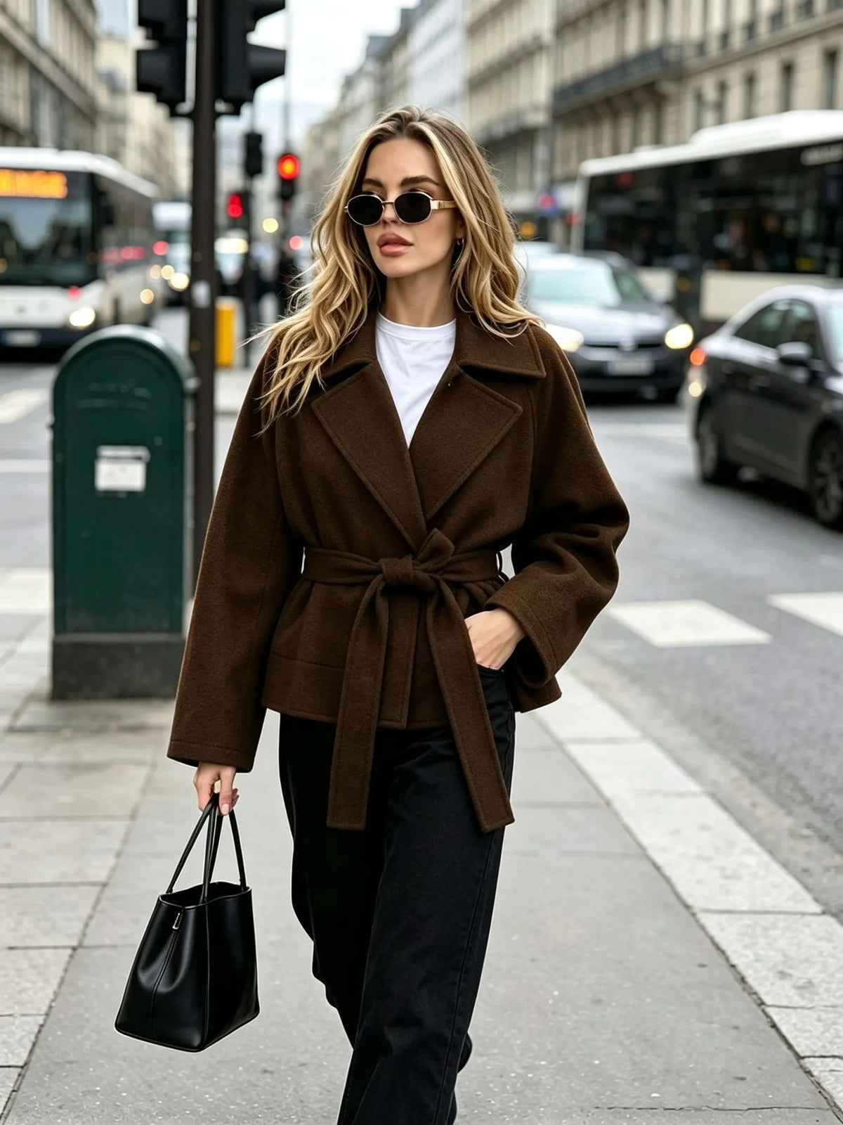 Chaqueta corta mujer paño cinturón solapas anchas elegante atemporal invierno - Calina