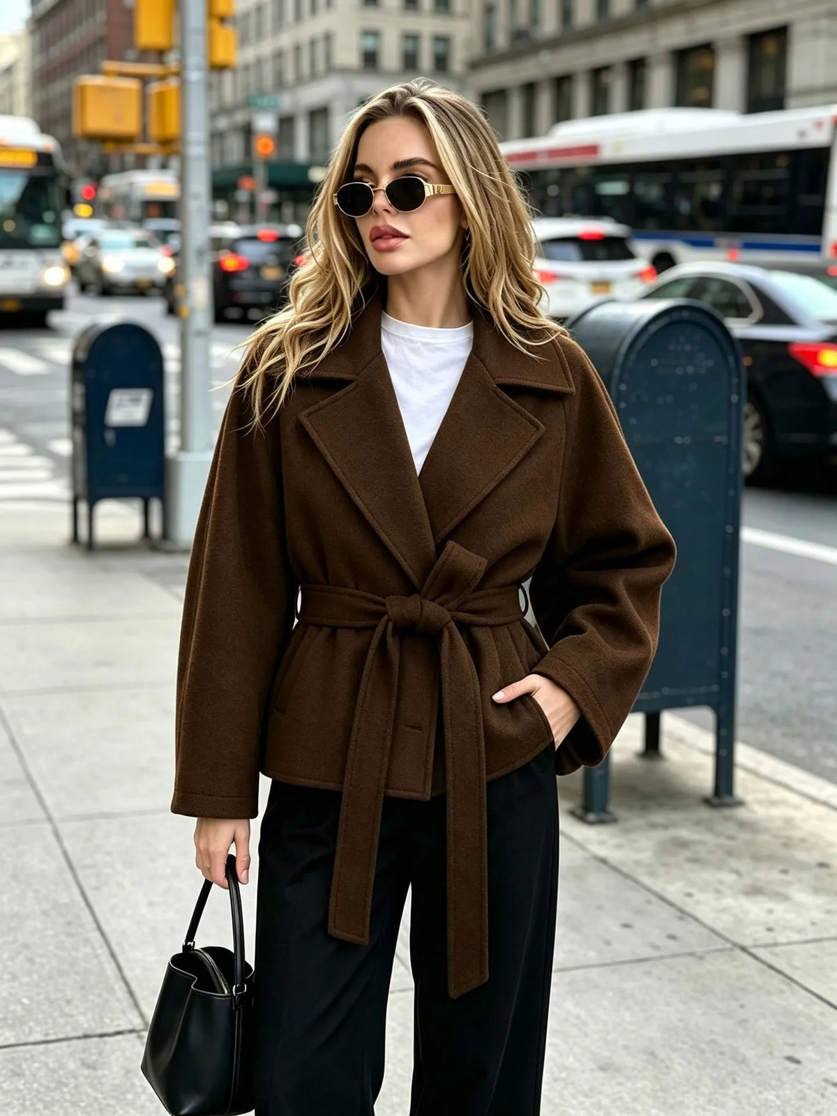 Chaqueta corta mujer paño cinturón solapas anchas elegante atemporal invierno - Calina