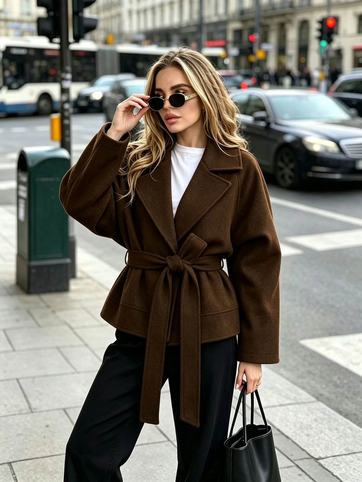 Chaqueta corta mujer paño cinturón solapas anchas elegante atemporal invierno - Calina