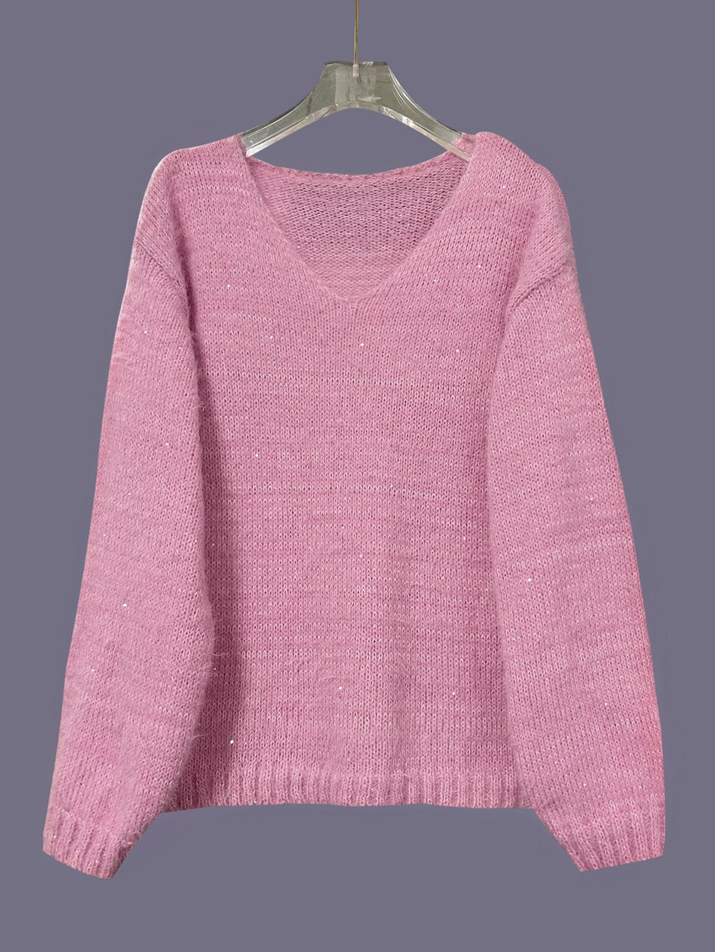 Pullover de punto para mujer con escote en v manga larga silueta relajada tejido uniforme brillante