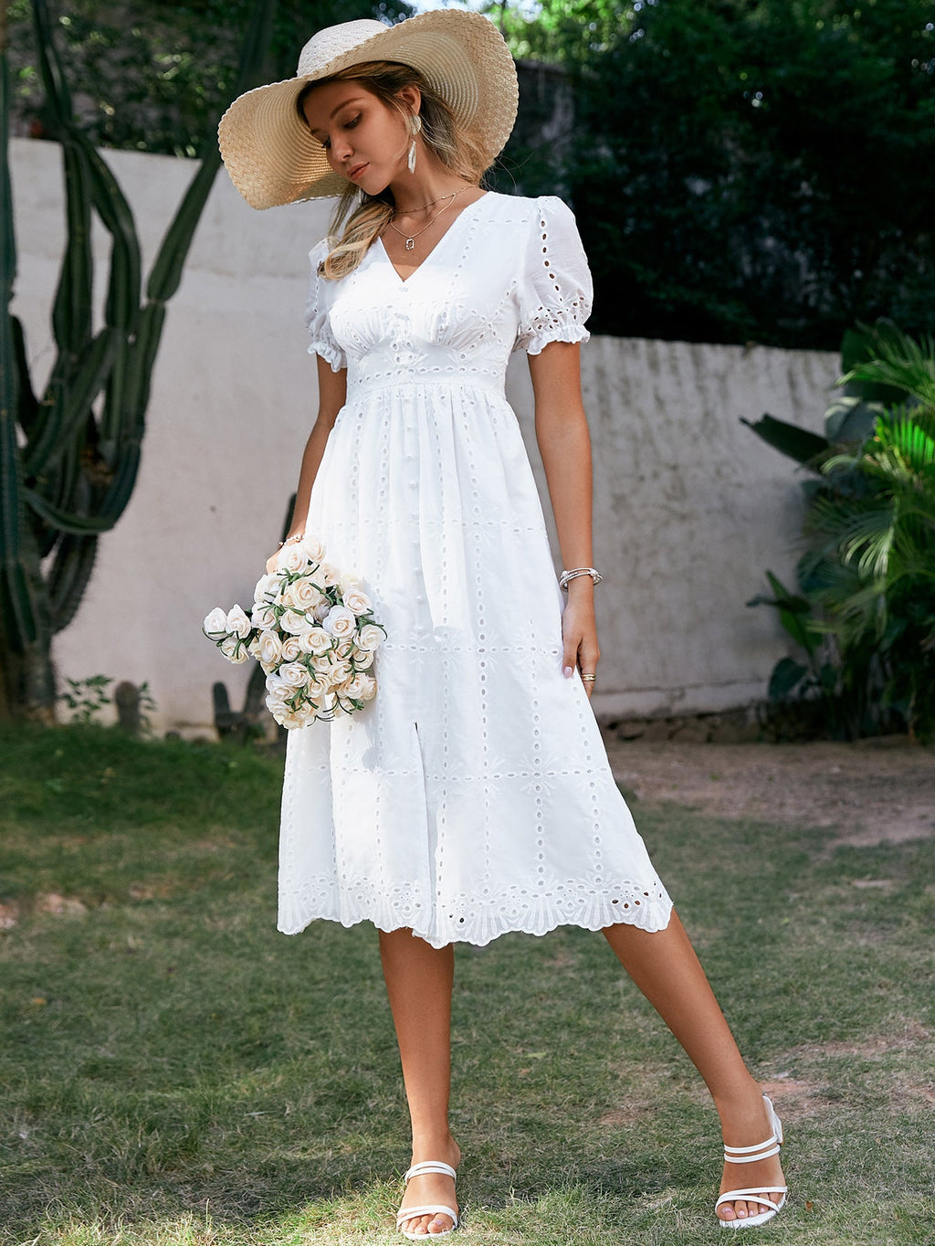Vestido mujer midi bordado con cintura alta y escote en V - Ferchna