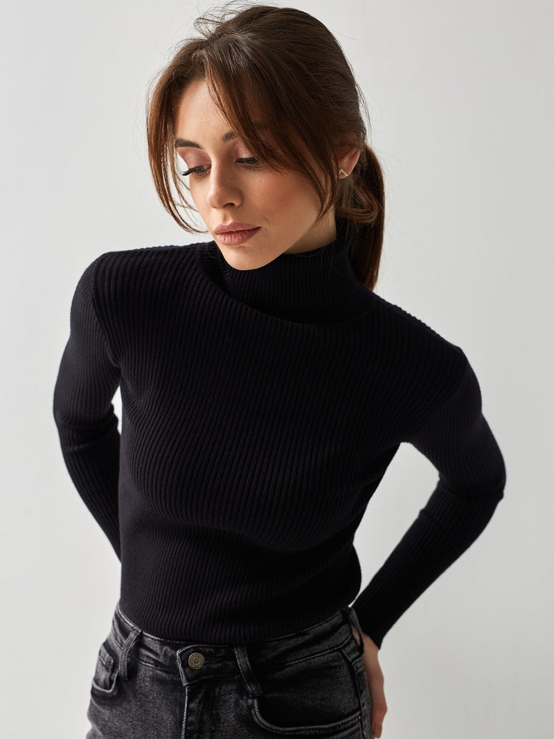 Jersey punto mujer cuello alto manga larga ajustado elegante atemporal - Inga