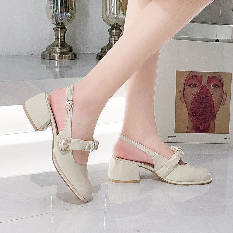 Sandalias de tacón ancho con detalle de perla para mujer - Perla